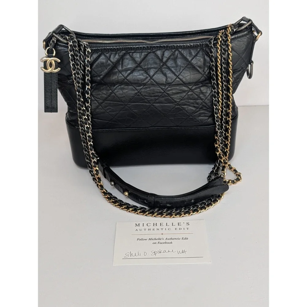 Chanel Gabrielle Medium Quilted Calfskin Black Bag Gold and Silver Hardware